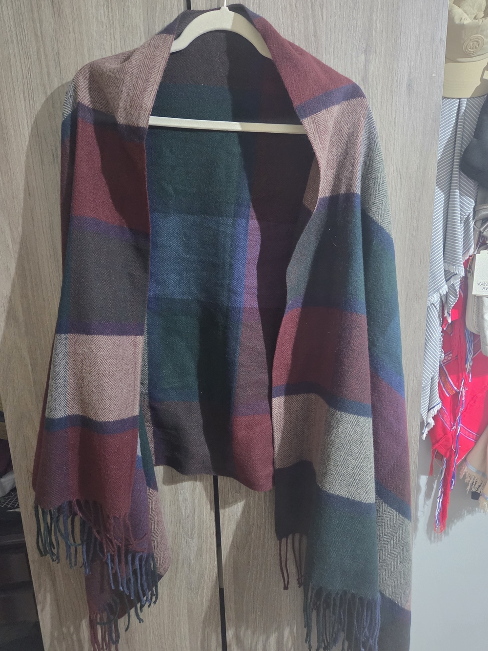 Plaid Multi-Color Striped Fringe Knit Shawl Poncho Wrap Pretty Persuasions